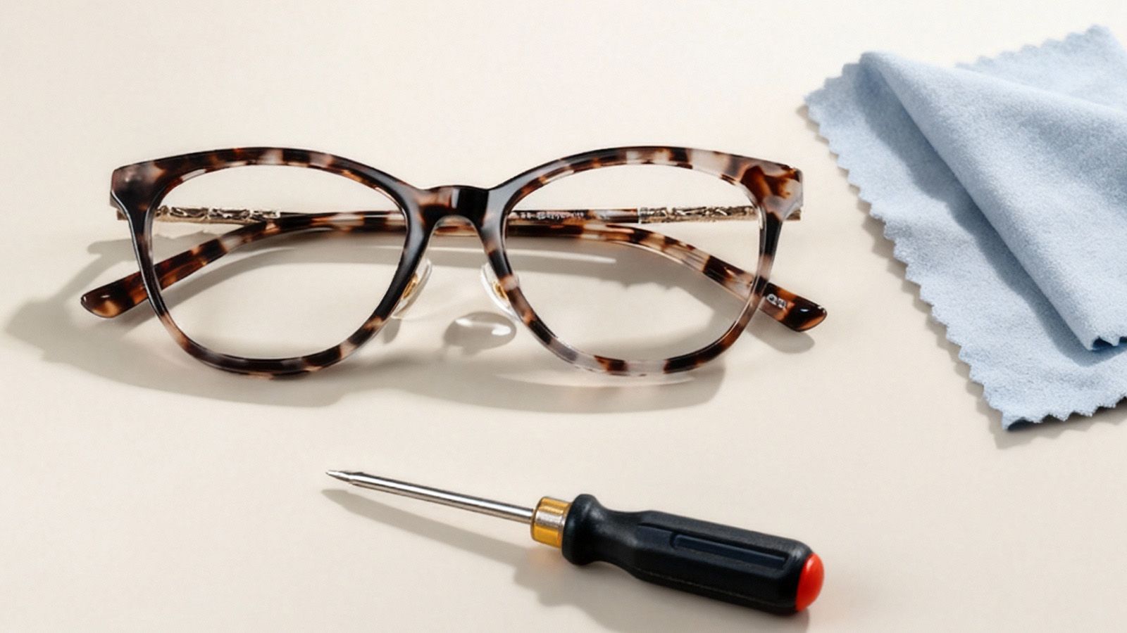 Close-up of screw-in nose pad mount on tortoiseshell eyeglasses with decorative metal arm