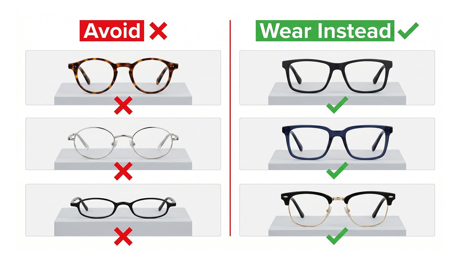 Glasses to avoid vs recommended frames for round faces