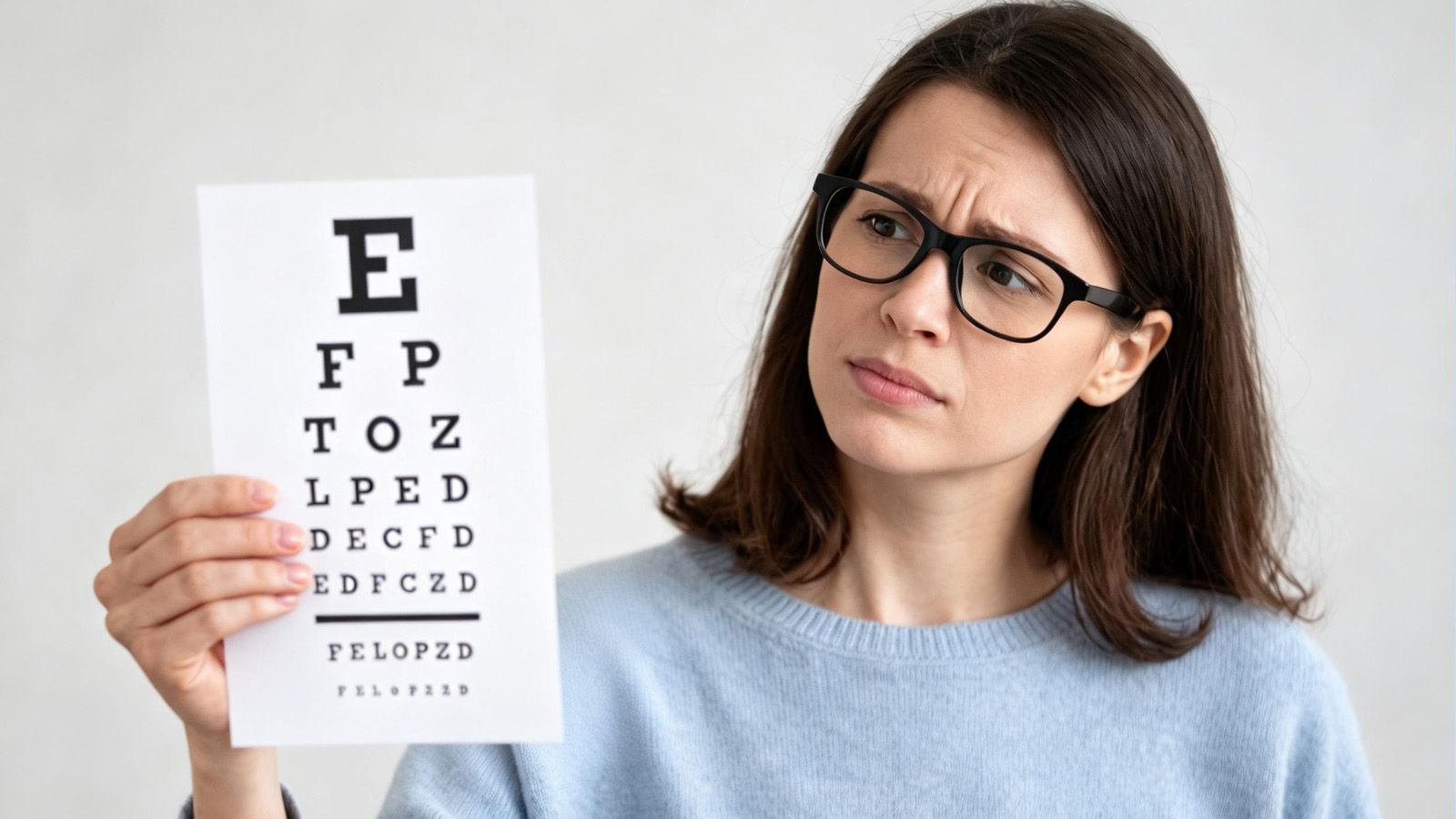 Woman holding eye chart confused by uneven vision caused by anisometropia.