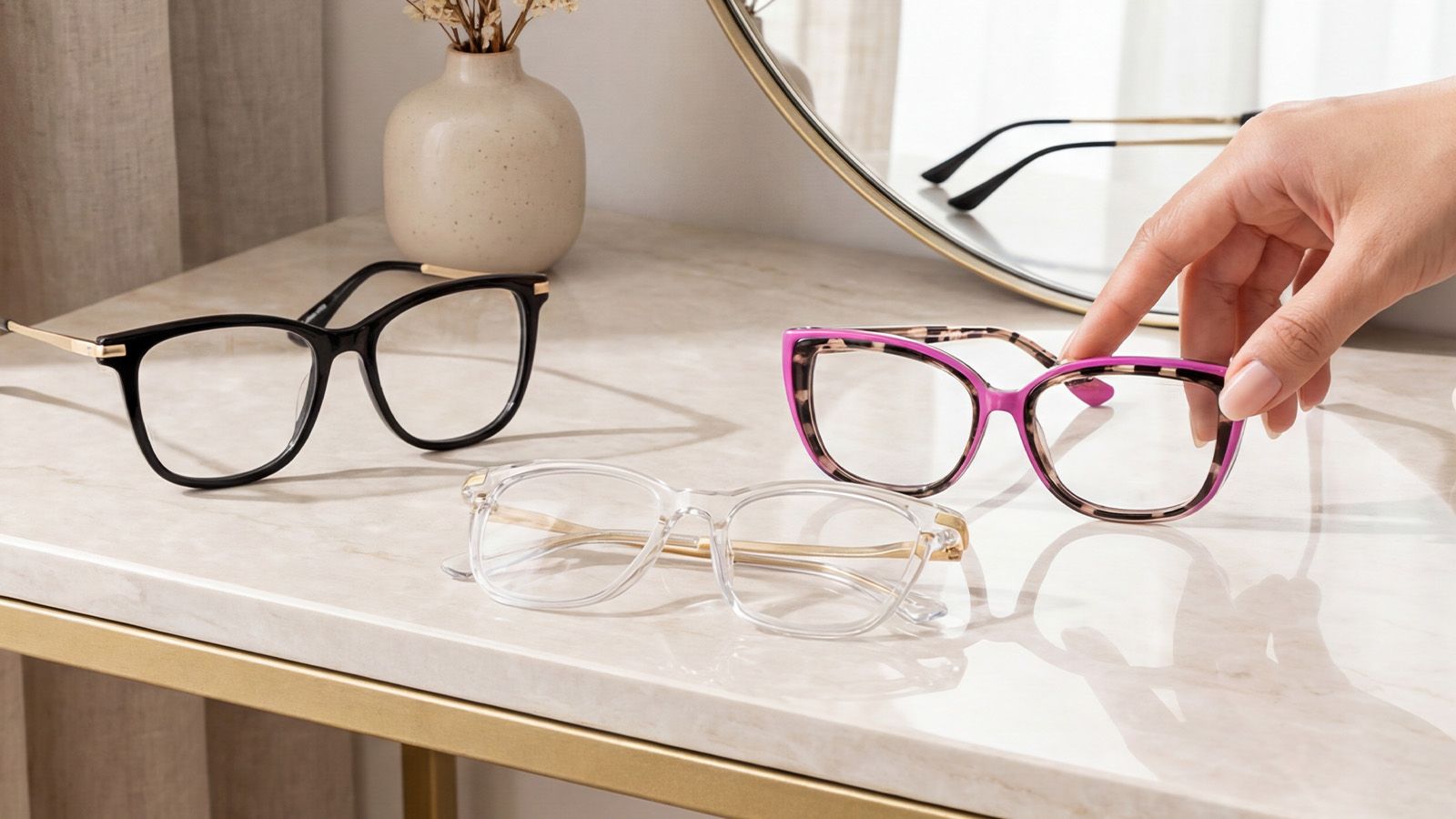Selection of stylish prescription eyeglass frames including black cat-eye, clear transparent, and pink tortoiseshell on marble vanity table with mirror reflection.