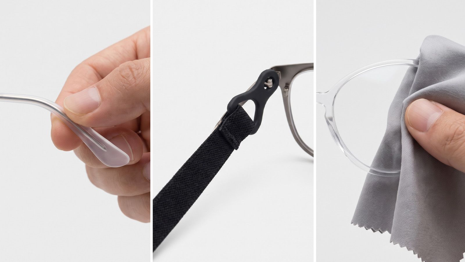 Temple tips, sports strap, and cloth wiping a lens clean