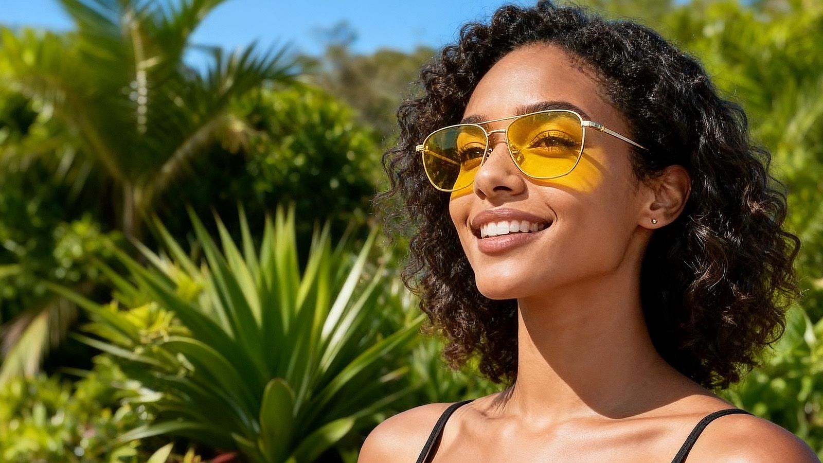 A smiling woman wearing stylish yellow aviator sunglasses in a sunny, outdoor setting, enjoying enhanced visual clarity and glare reduction.