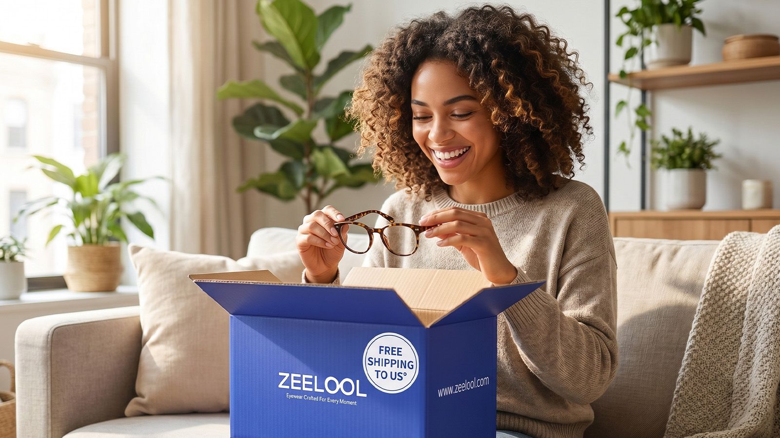 A happy woman unboxing a SatisVision package in a US home, highlighting Free Shipping to the US and trendy glasses frames