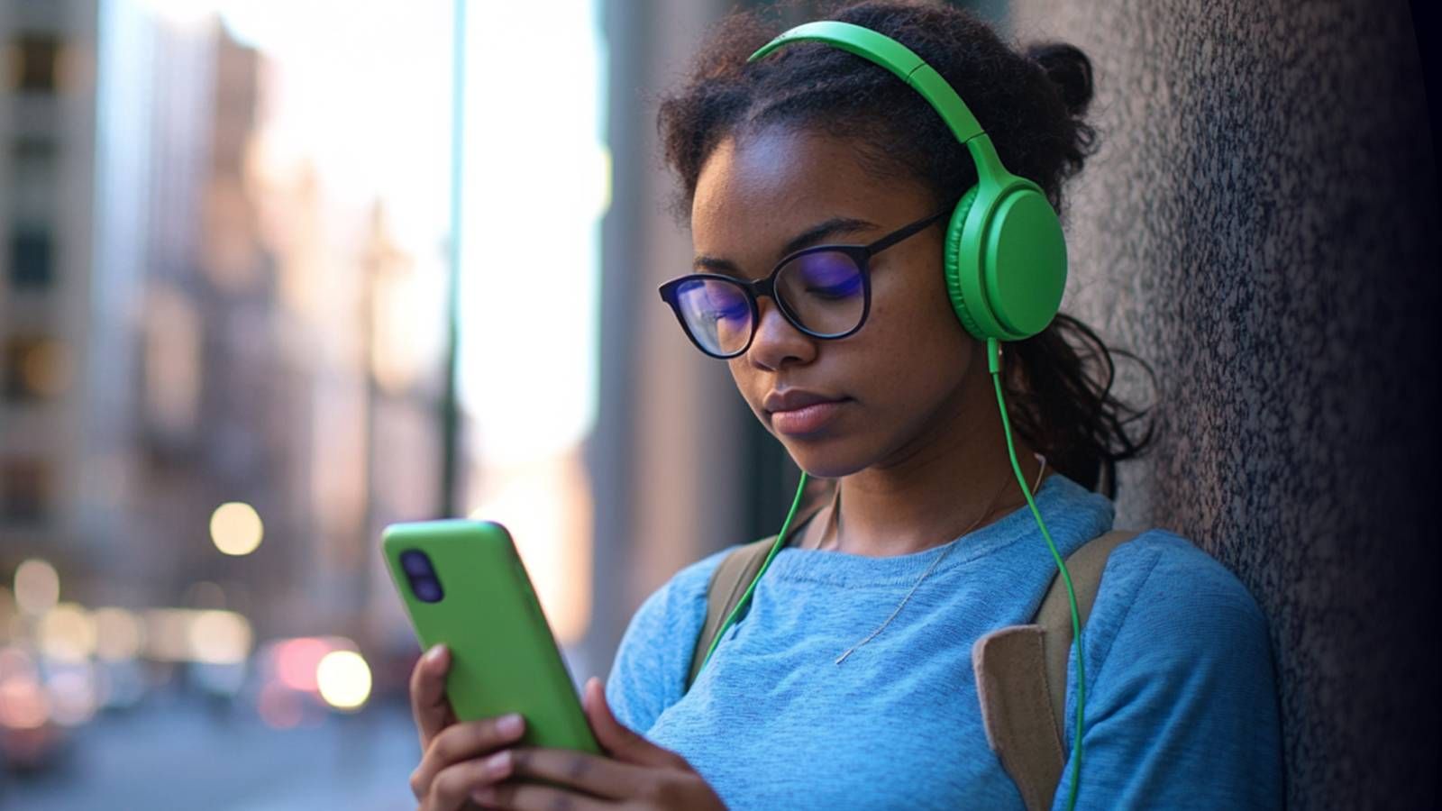 Young woman wearing round blue light glasses looking down at a smartphone while standing outdoors under the sunlight.