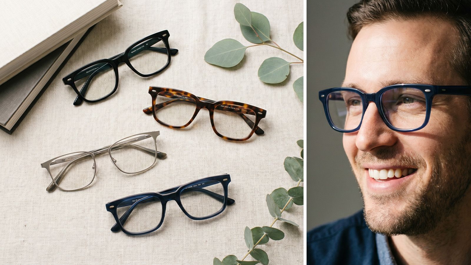Rectangle glasses flat lay in black, tortoise, silver, navy