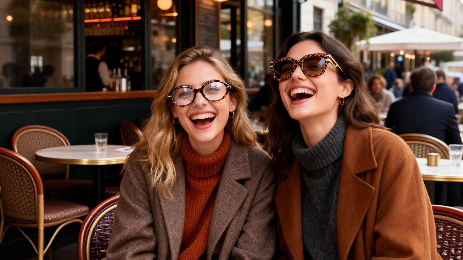 Women enjoying café moment, one in rich tortoiseshell acetate eyeglasses showcasing premium patterns and style.