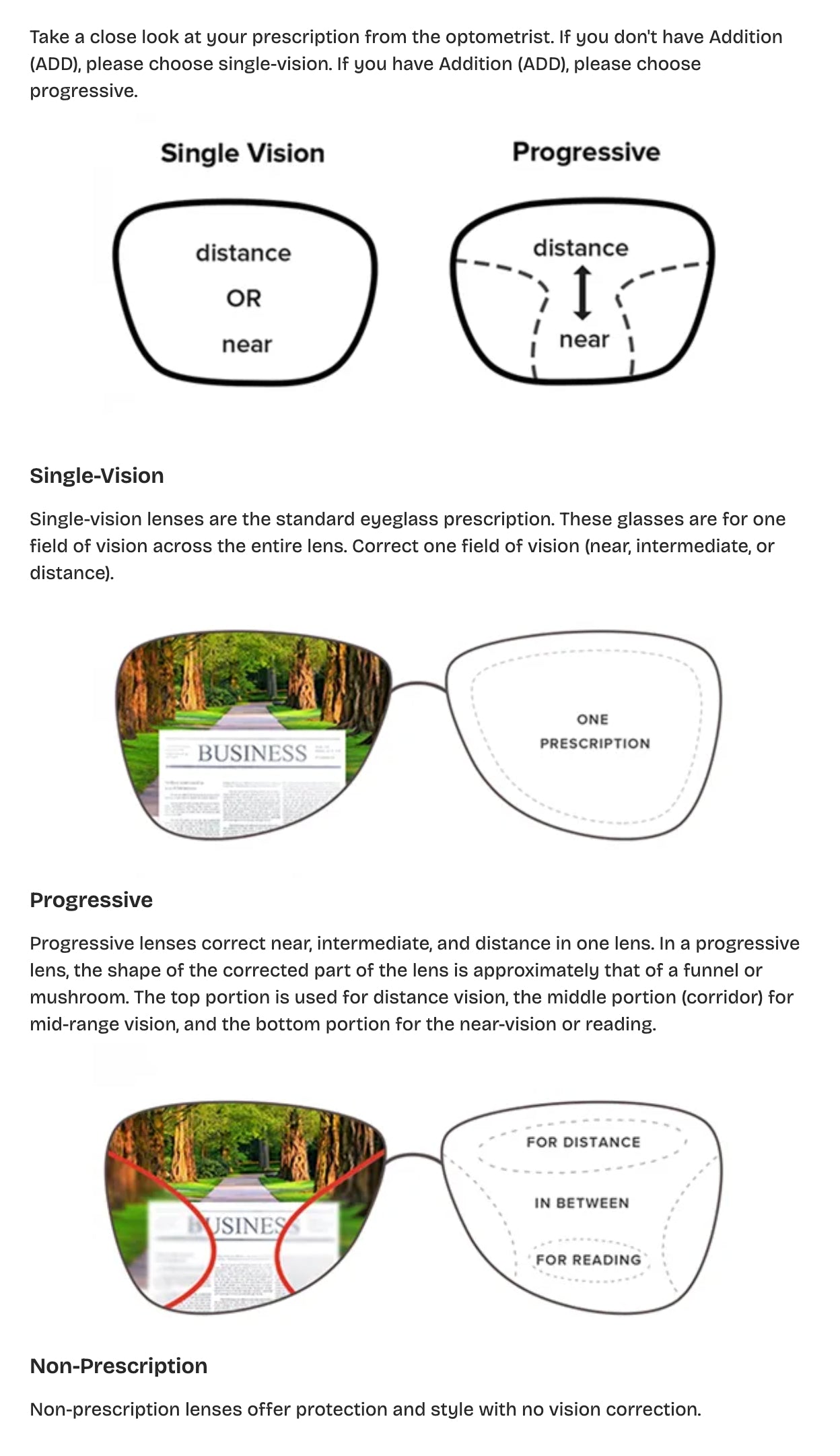 Single-vision and progressive lens guide