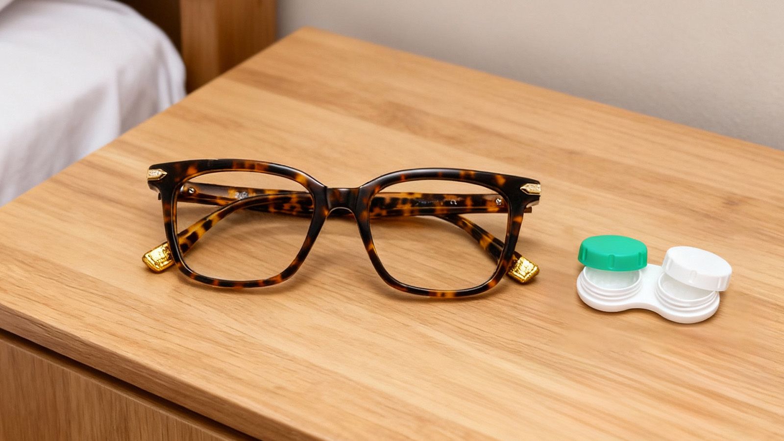 Eyeglasses and contact lens case on bedside table as daily vision options