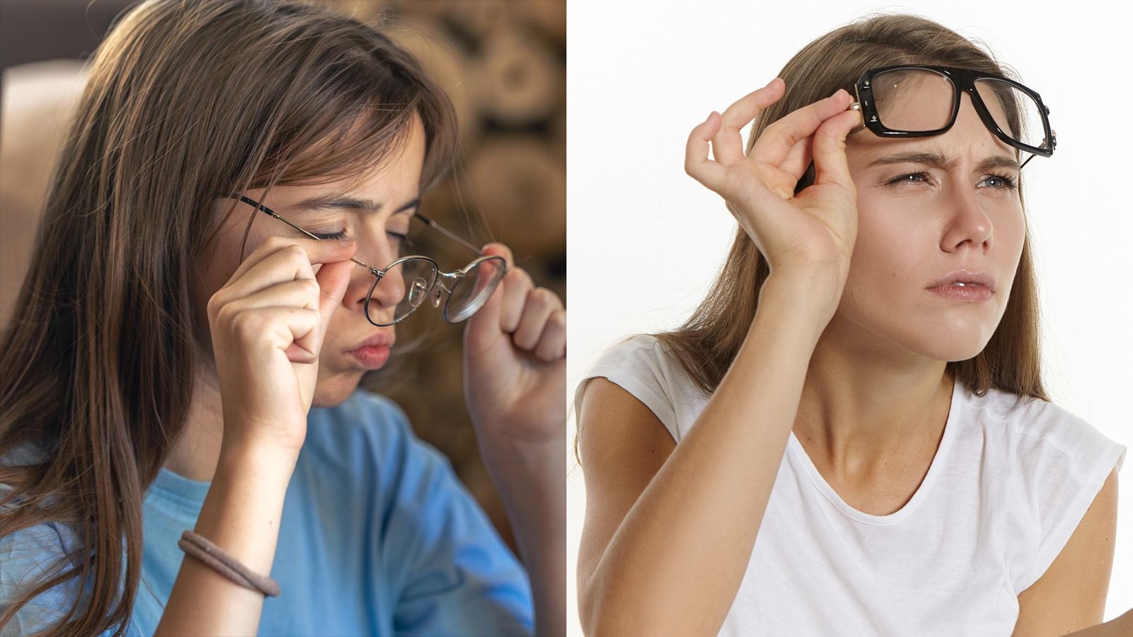 Frustrated young woman pushing up slipping black-framed glasses on forehead indicating poor fit and need for new frames replacement.