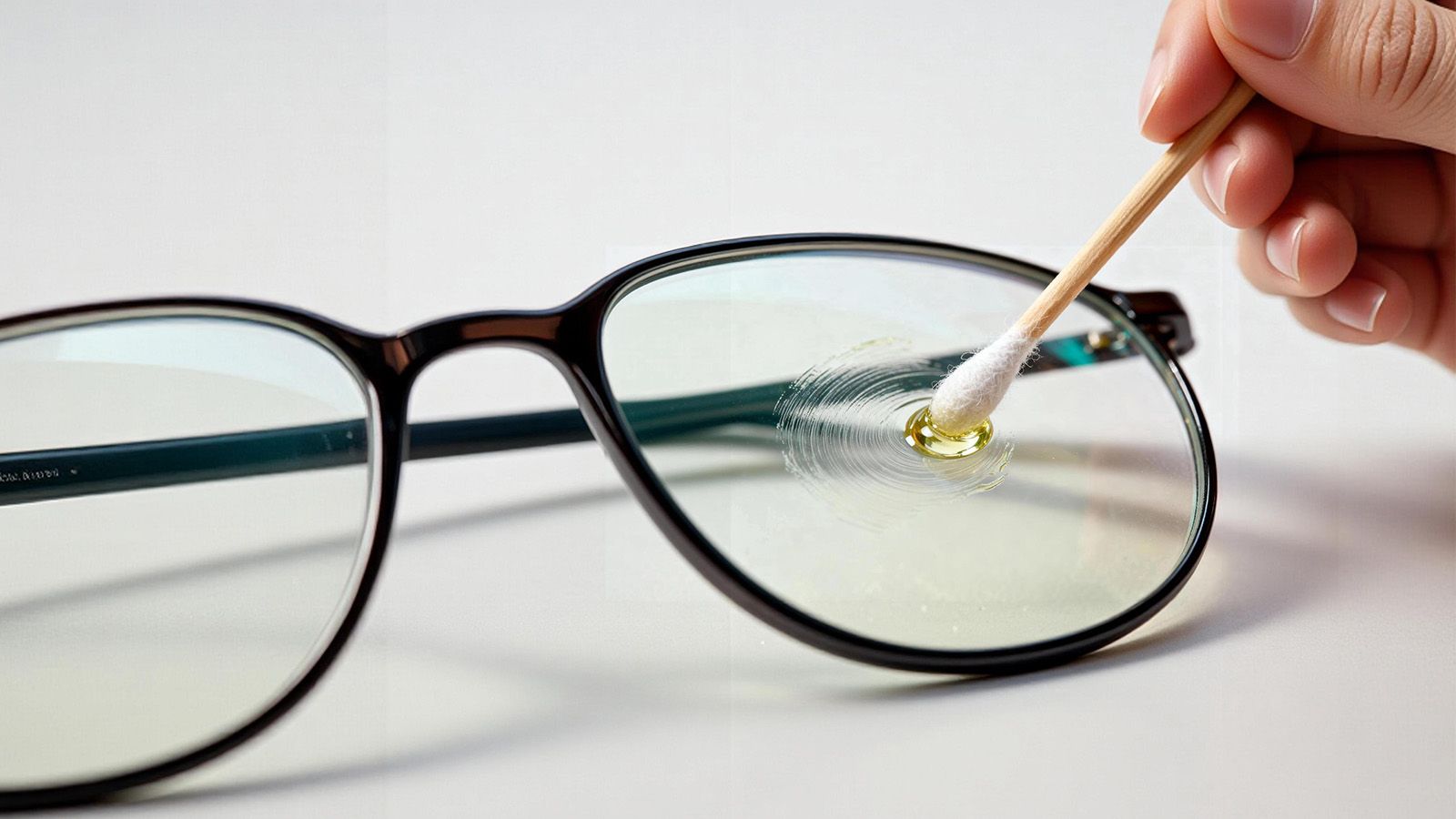 Close-up of using a cotton swab dipped in oil to gently lift paint spots from polycarbonate lenses.