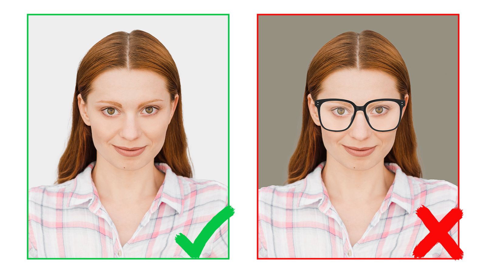 Correct US passport photo requirements: No glasses, neutral expression, white background
