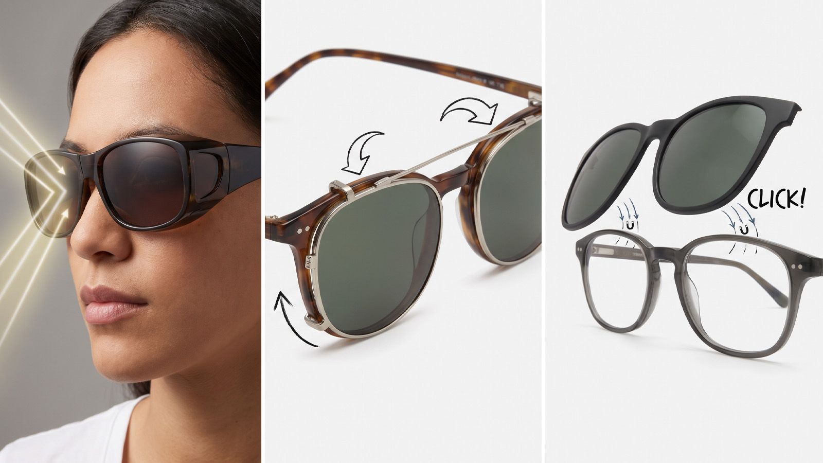 Three add-on sunglass types: fitover, clip-on, and magnetic clip-on