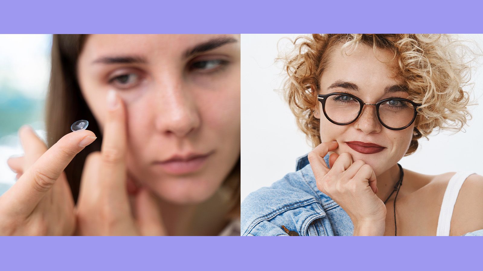 Comparison of inserting contact lens versus wearing eyeglasses showing different correction methods