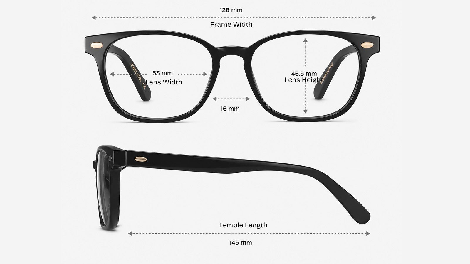 Eyeglasses with arrows marking frame width, height, and temple depth