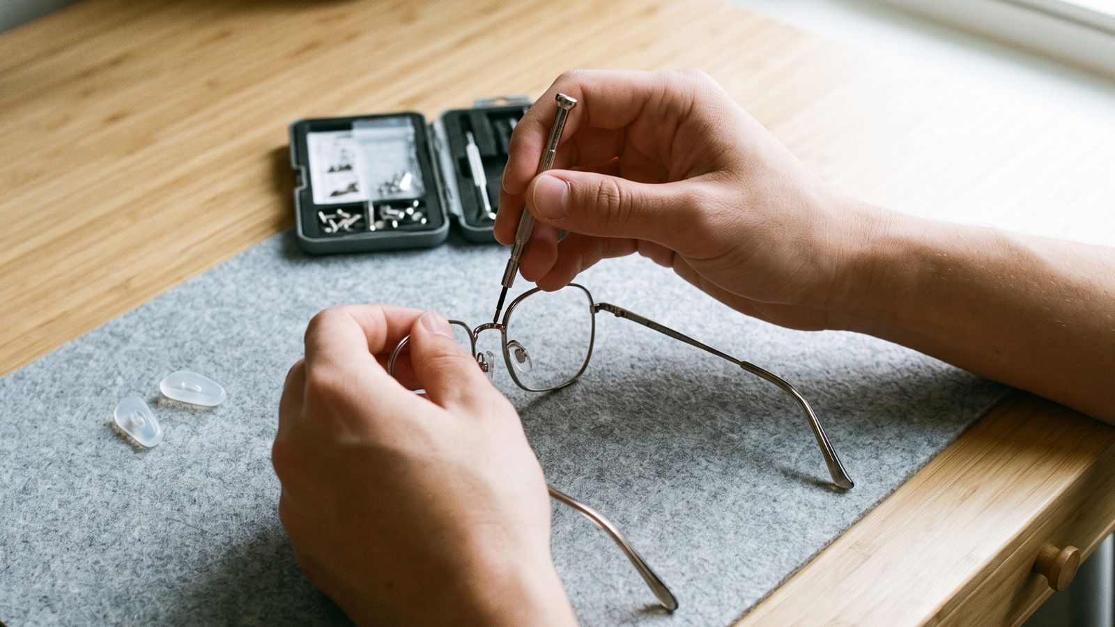 Replacing eyeglass nose pads with a mini screwdriver