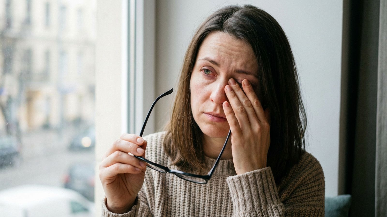 Tired woman rubbing eyes and holding black prescription glasses showing signs of eye strain or headache from outdated prescription.
