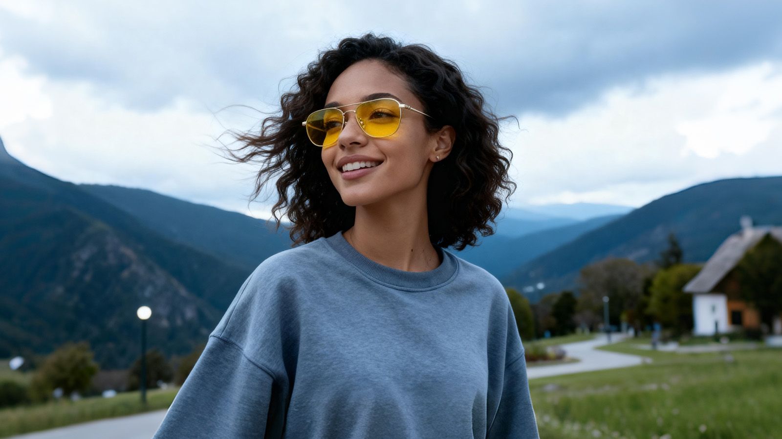 A woman wearing yellow-tinted sunglasses outdoors on an overcast day, highlighting their use as an all-weather ally for brightening vision.
